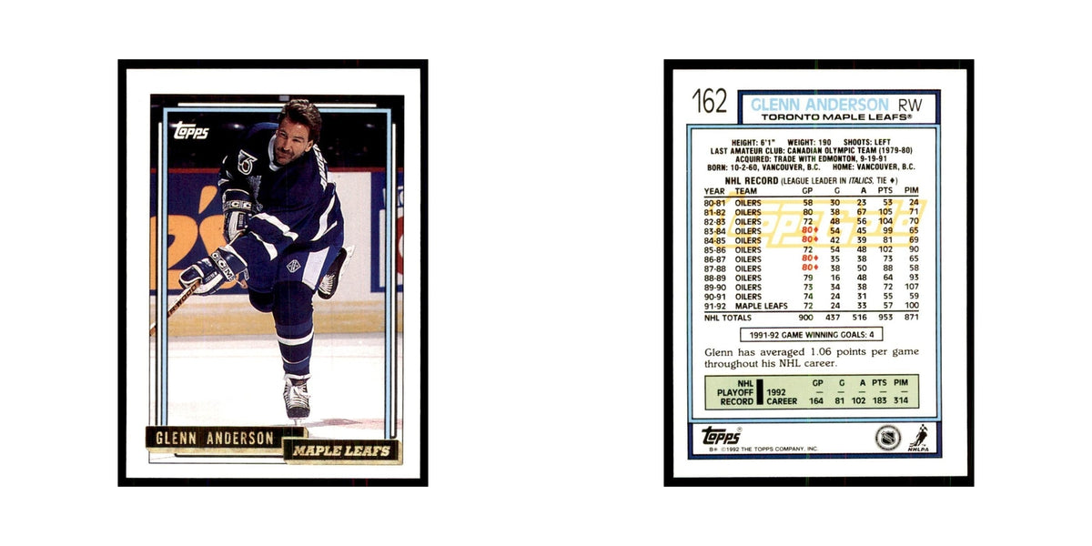 Glenn Anderson 1992 Topps Gold #162 Hockey Cards Hockey Card NM