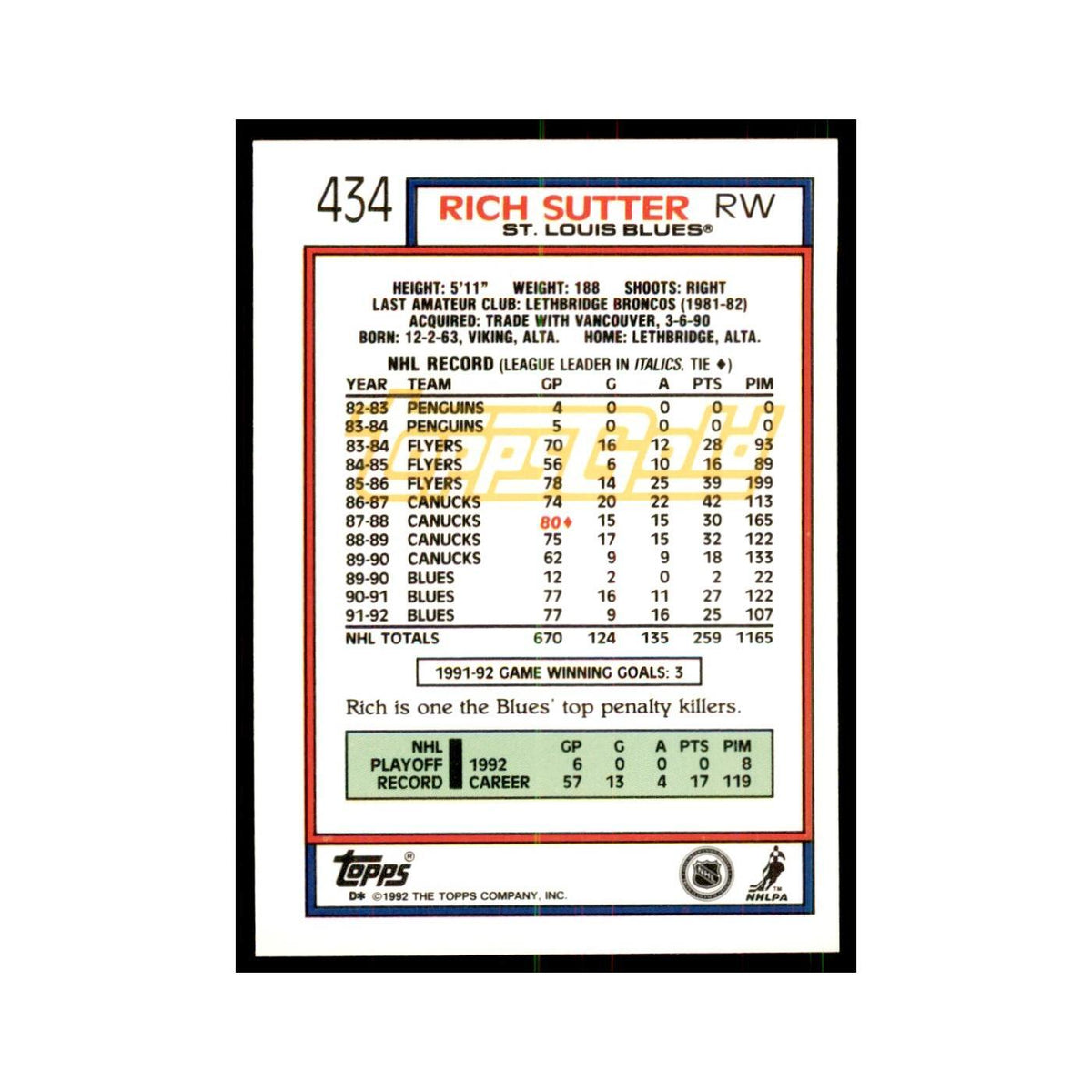 Rich Sutter 1992 Topps Gold #434 Hockey Cards Hockey Card NM