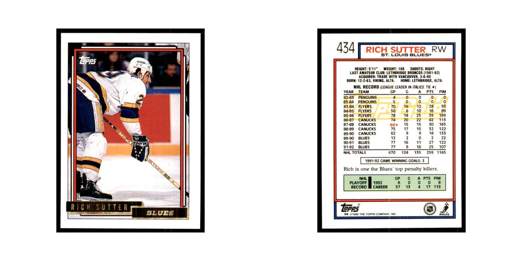 Rich Sutter 1992 Topps Gold #434 Hockey Cards Hockey Card NM