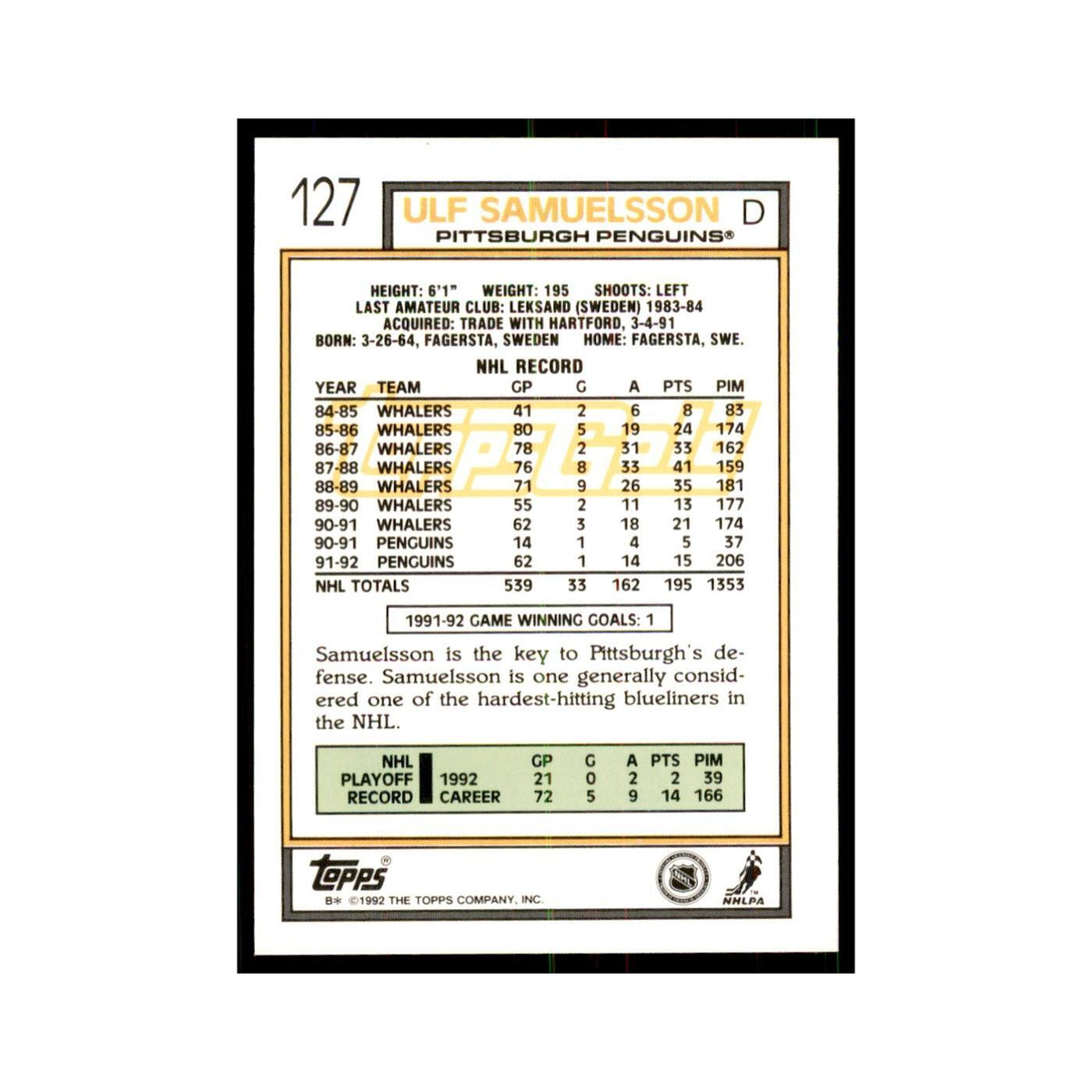 Ulf Samuelsson 1992 Topps Gold #127 Hockey Cards Hockey Card NM