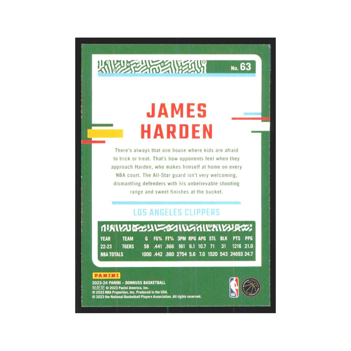 James Harden 2023 Panini Donruss #63 Los Angeles Clippers Basketball Card NM