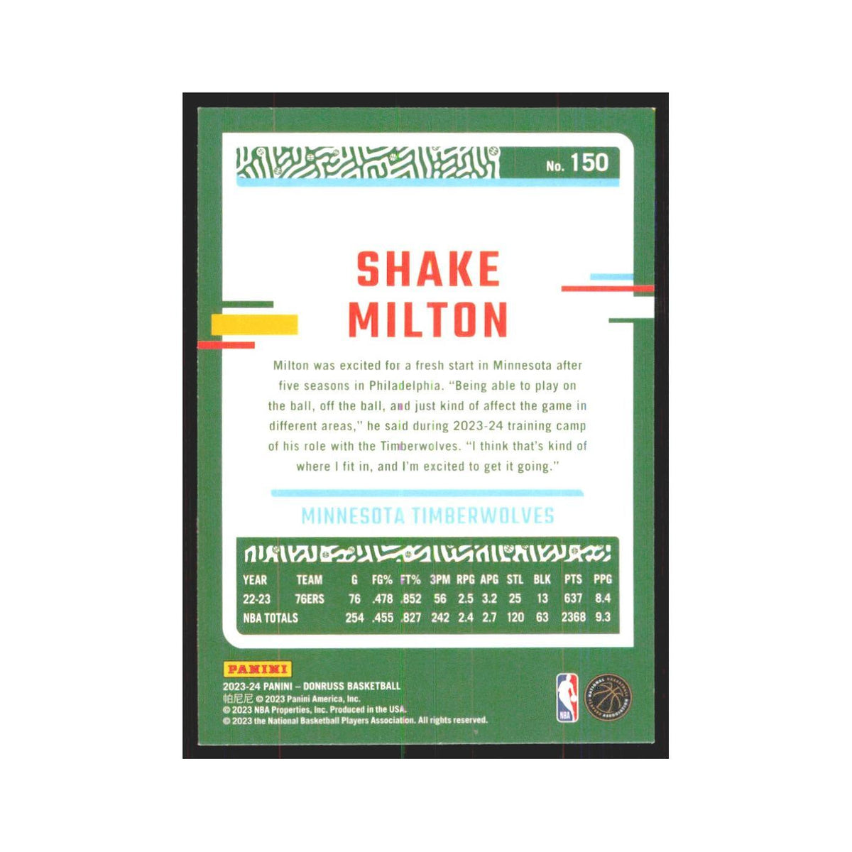 Shake Milton 2023 Panini Donruss #150 Minnesota Timberwolves Basketball Card NM