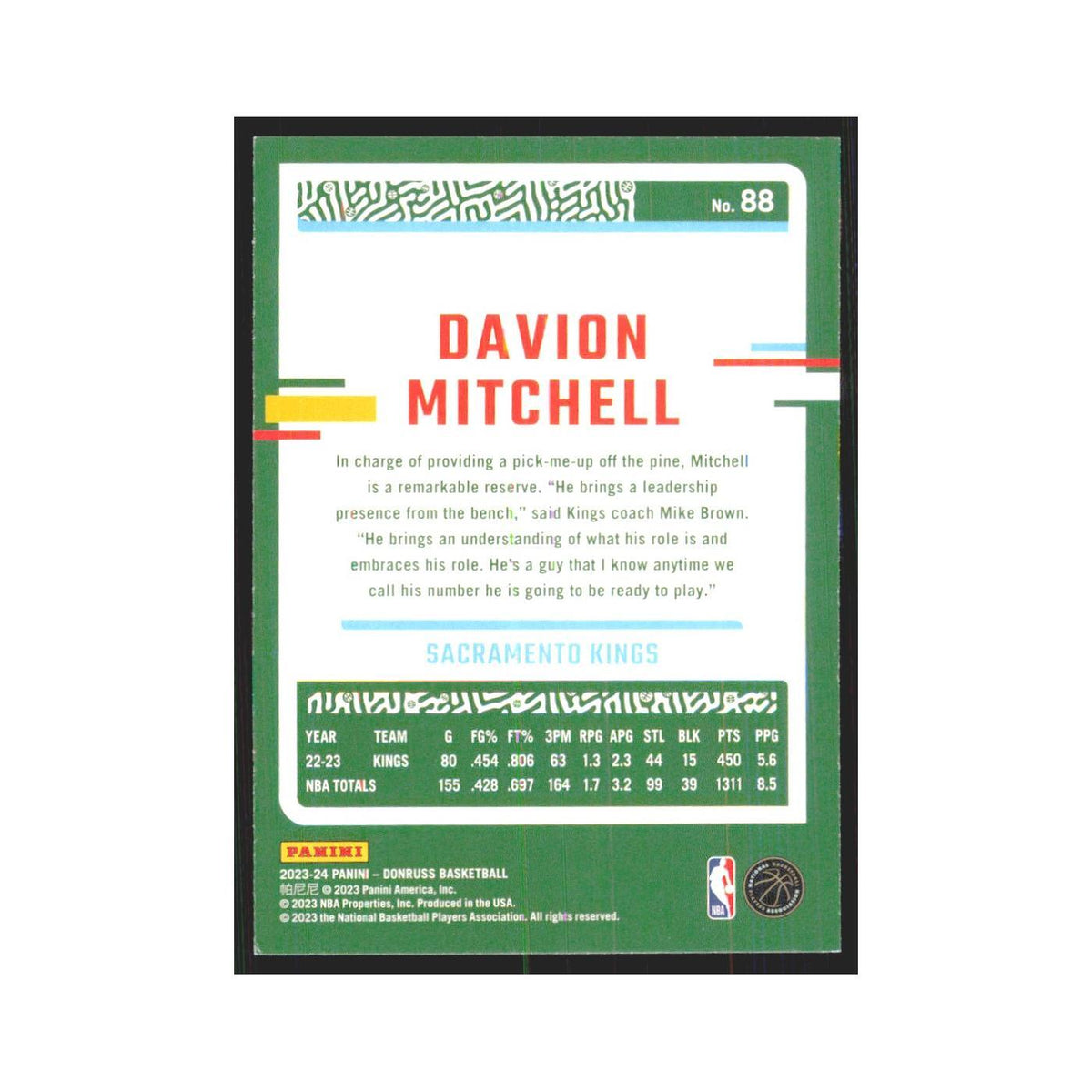 Davion Mitchell 2023 Panini Donruss #88 Sacramento Kings Basketball Card NM