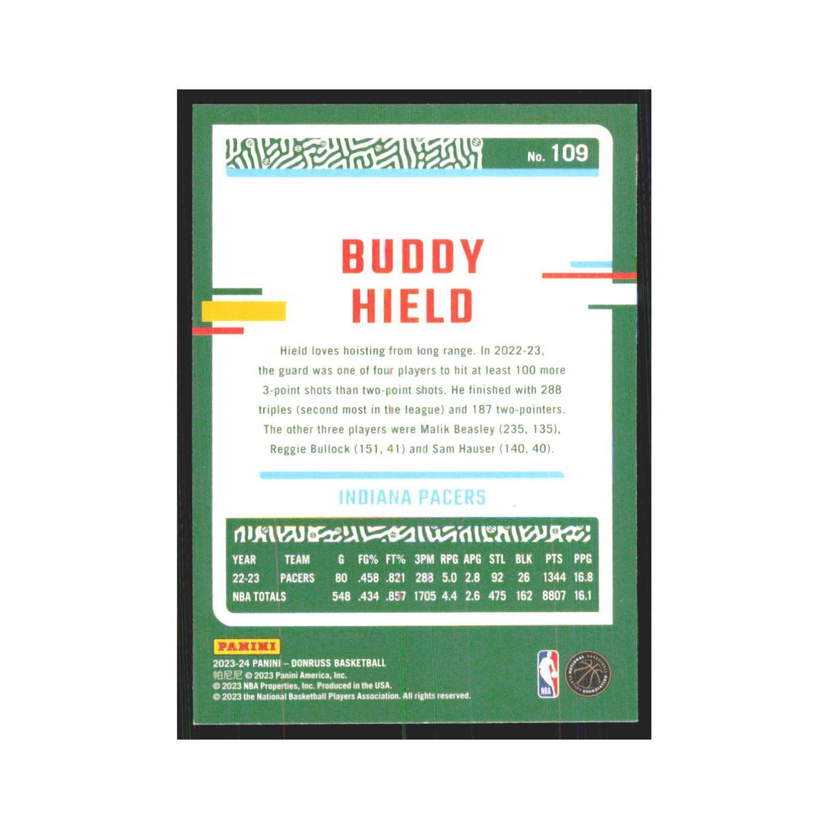 Buddy Hield 2023 Panini Donruss #109 Indiana Pacers Basketball Card NM