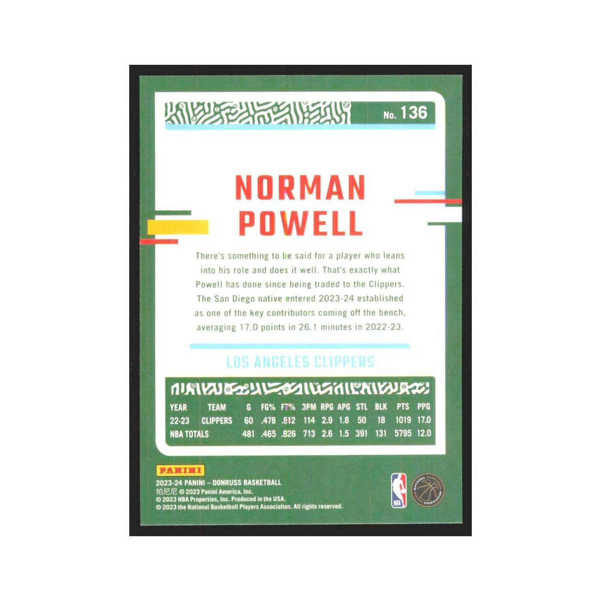 Norman Powell 2023 Panini Donruss #136 Los Angeles Clippers Basketball Card NM