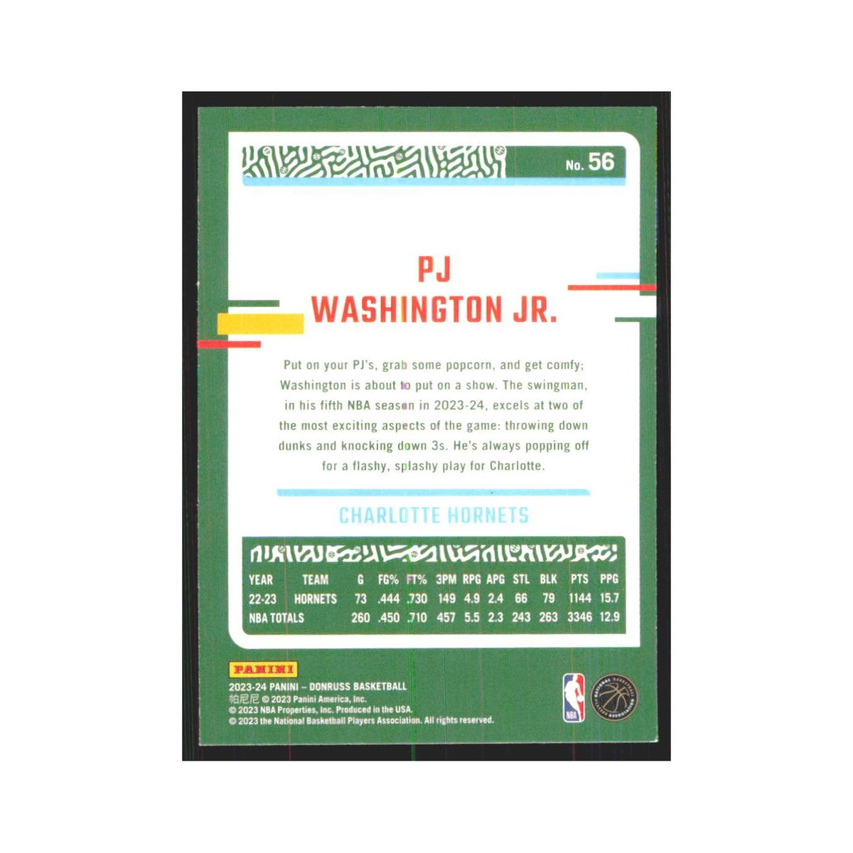 PJ Washington Jr. 2023 Panini Donruss #56 Charlotte Hornets Basketball Card NM