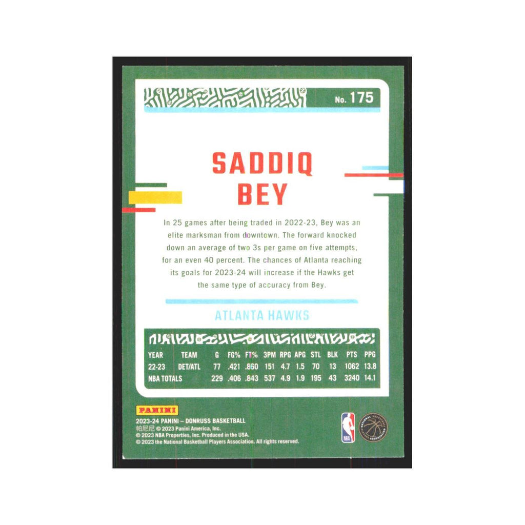 Saddiq Bey 2023 Panini Donruss #175 Atlanta Hawks Basketball Card NM