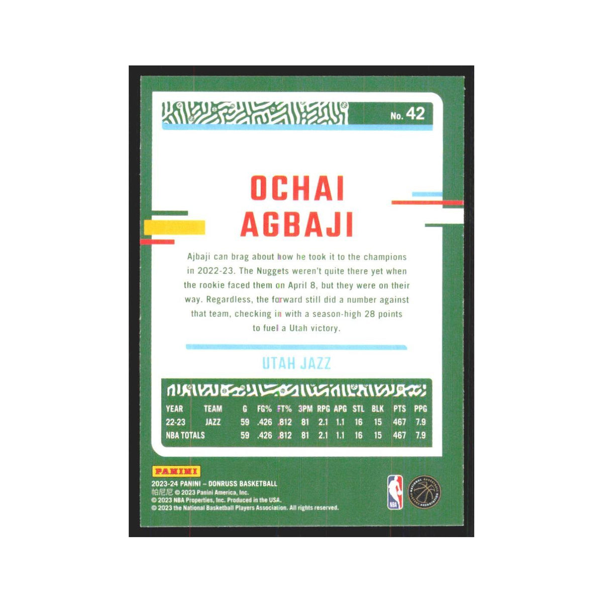 Ochai Agbaji 2023 Panini Donruss #42 Utah Jazz Basketball Card NM