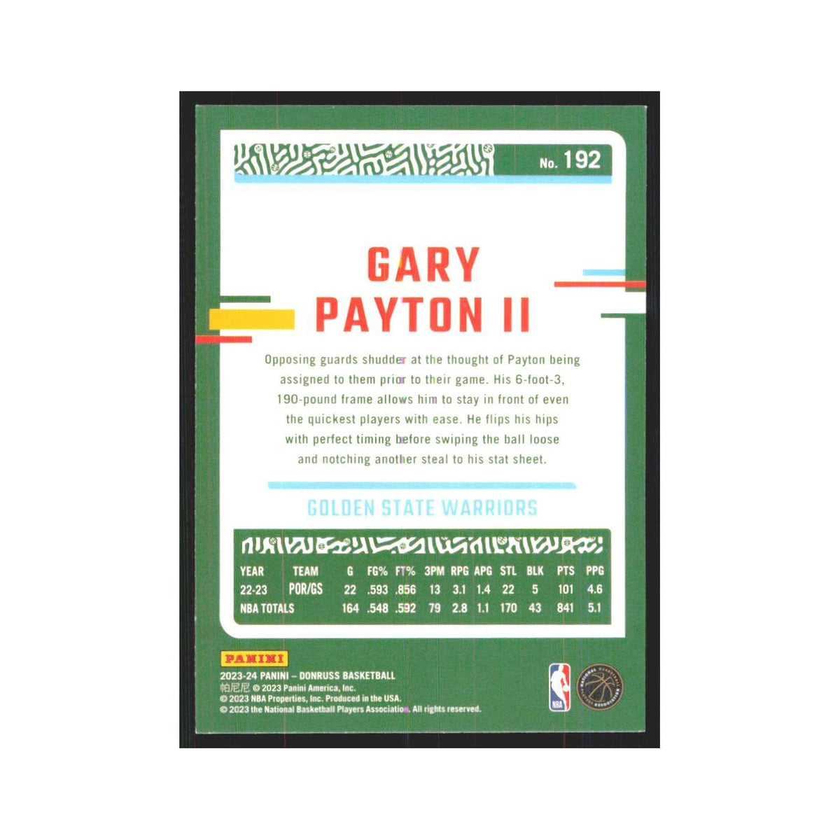 Gary Payton II 2023 Panini Donruss #192 Golden State Warriors Basketball Card NM