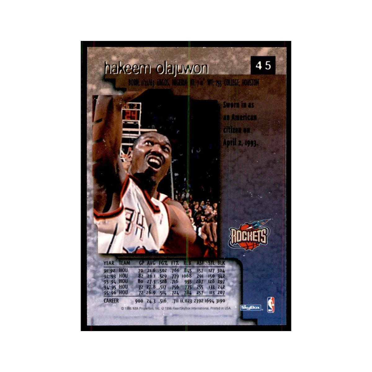 1996 SkyBox Premium Hakeem Olajuwon Basketball Cards #45