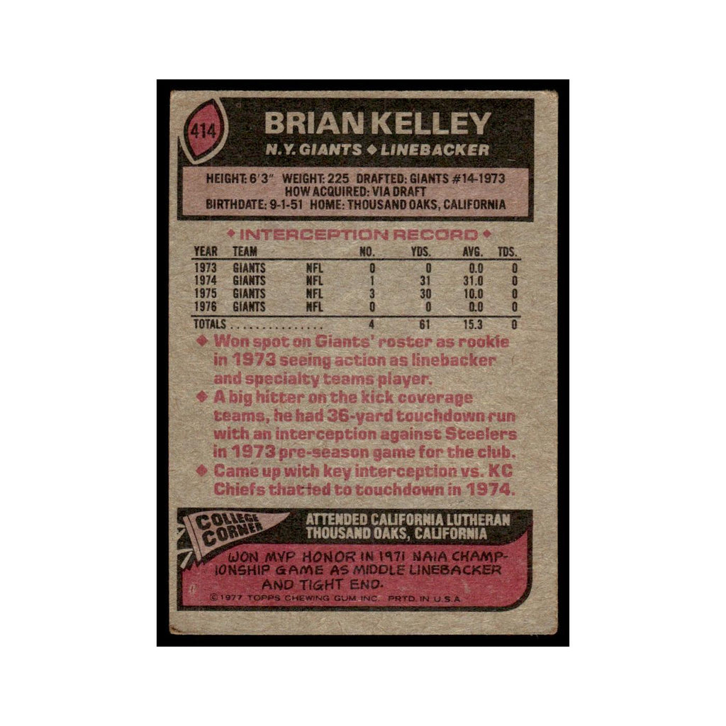 1977 Topps Football Card Brian Kelley Giants #414