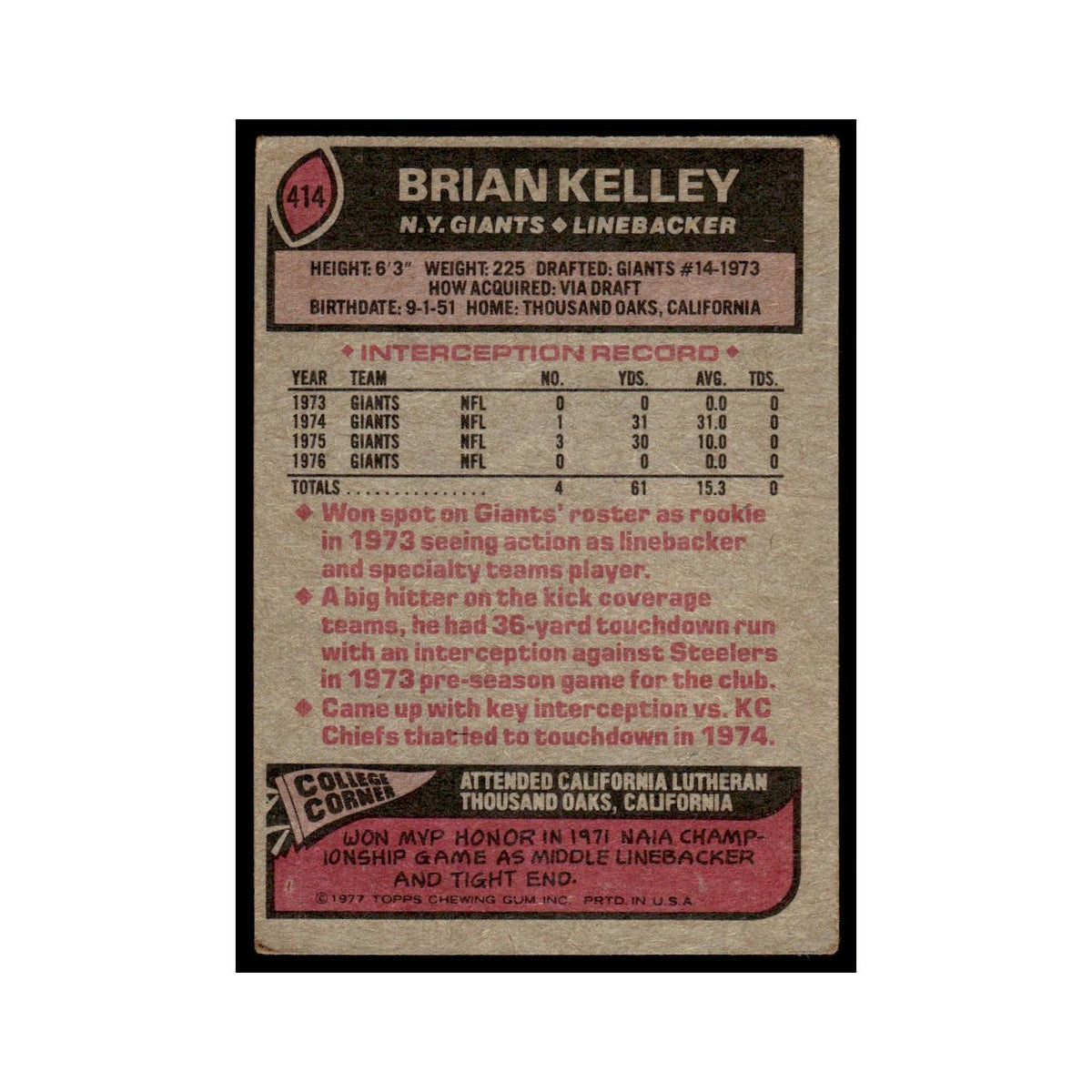 1977 Topps Football Card Brian Kelley Giants #414