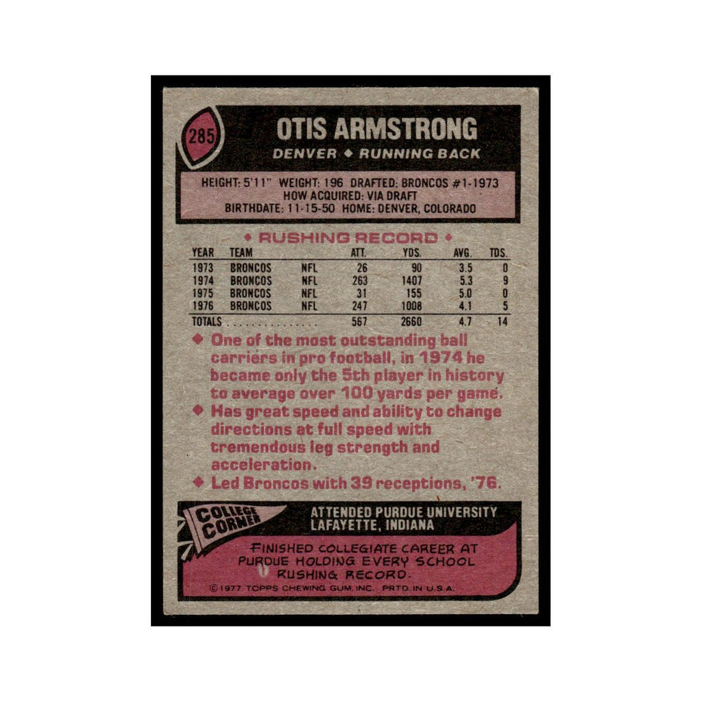 1977 Topps Football Card Otis Armstrong Broncos #285