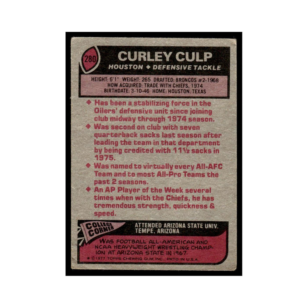 1977 Topps Football Card (Damaged) Curley Culp Houston Oilers #280