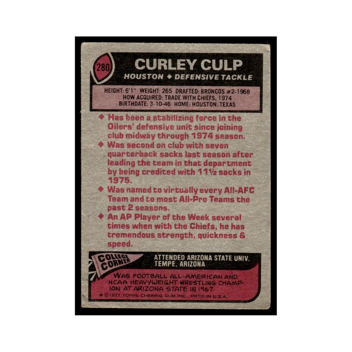 1977 Topps Football Card (Damaged) Curley Culp Houston Oilers #280