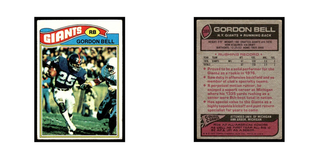 1977 Topps Football Card Gordon Bell Giants #388