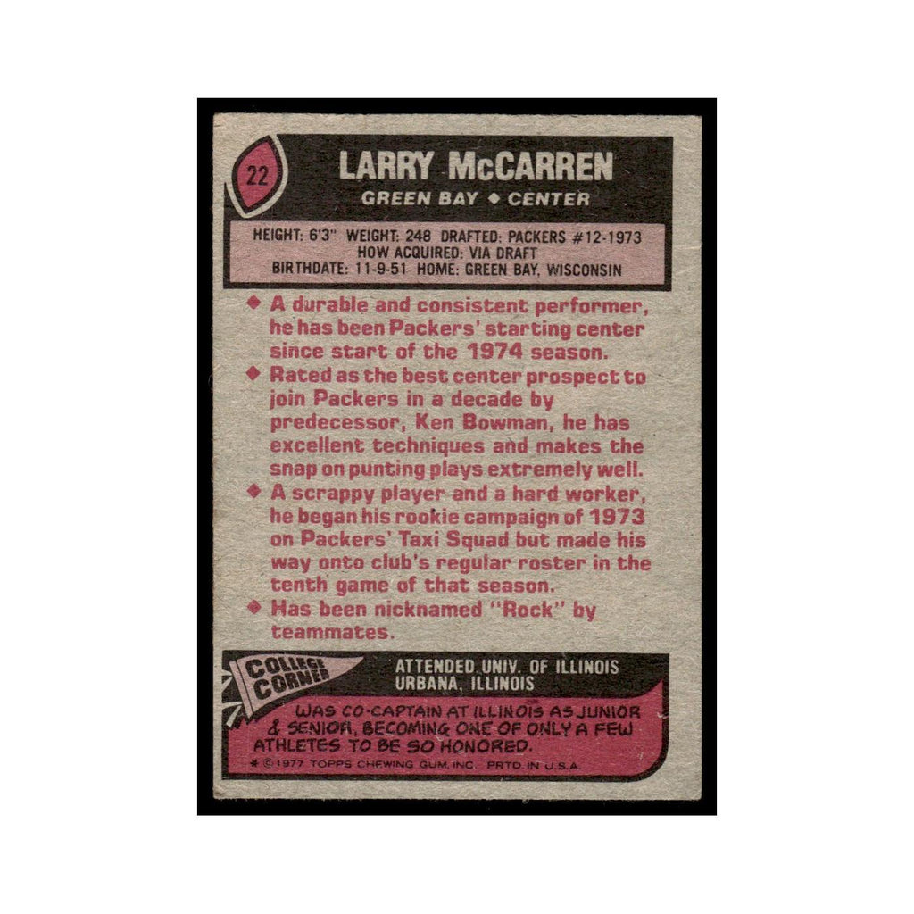 1977 Topps Football Card Larry McCarren Packers #22