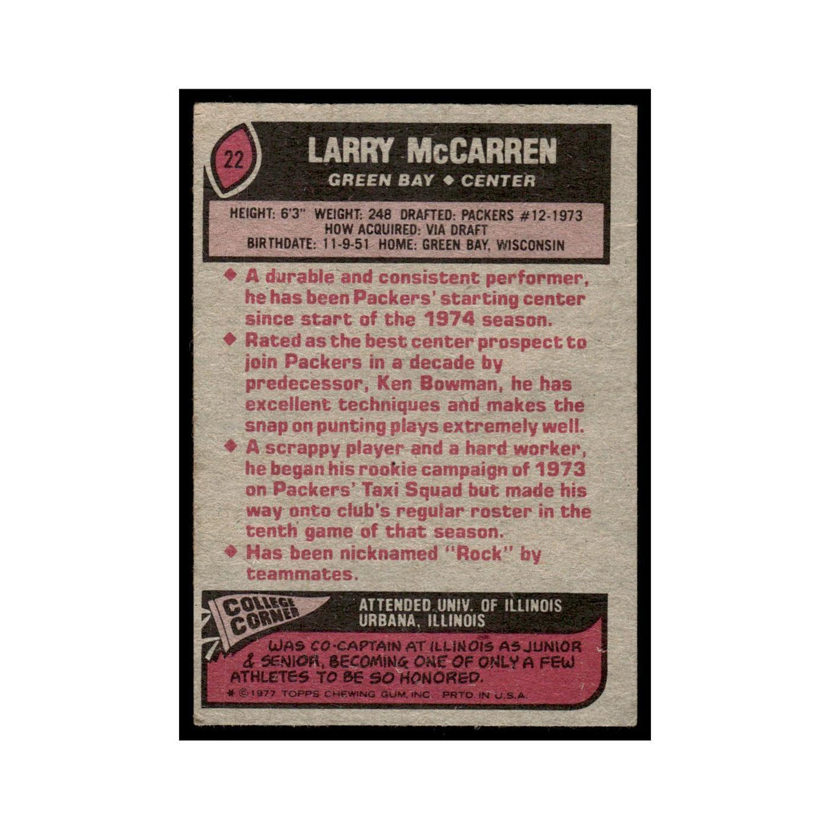 1977 Topps Football Card Larry McCarren Packers #22