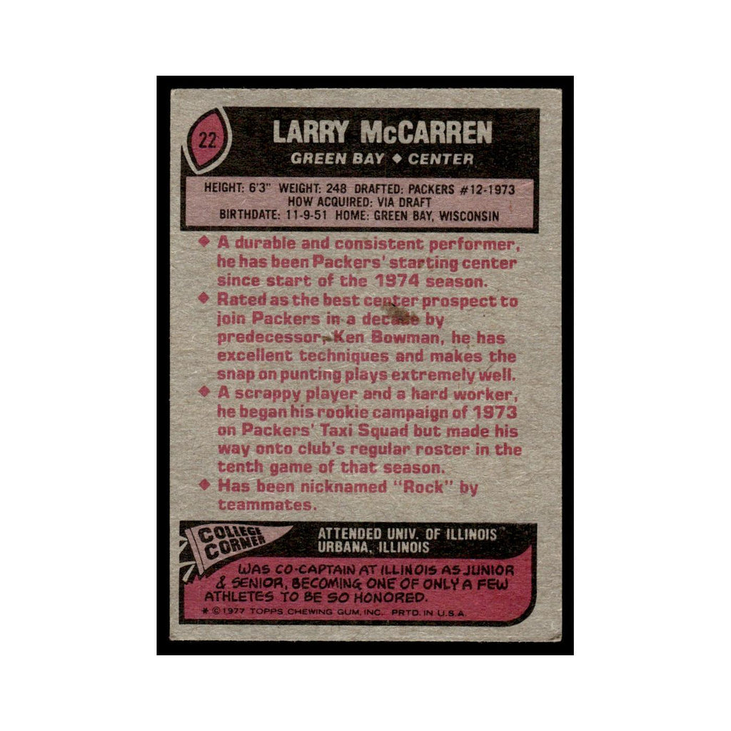 1977 Topps Football Card Larry McCarren Packers #22
