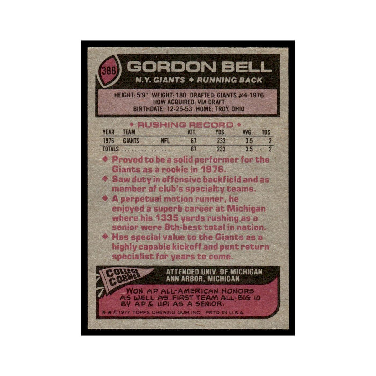 1977 Topps Football Card Gordon Bell Giants #388