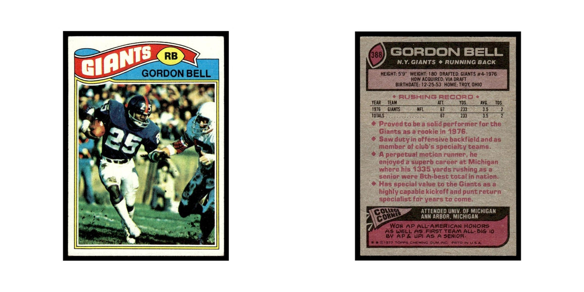 1977 Topps Football Card Gordon Bell Giants #388
