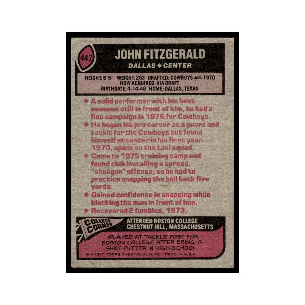 1977 Topps Football Card John Fitzgerald Cowboys #447