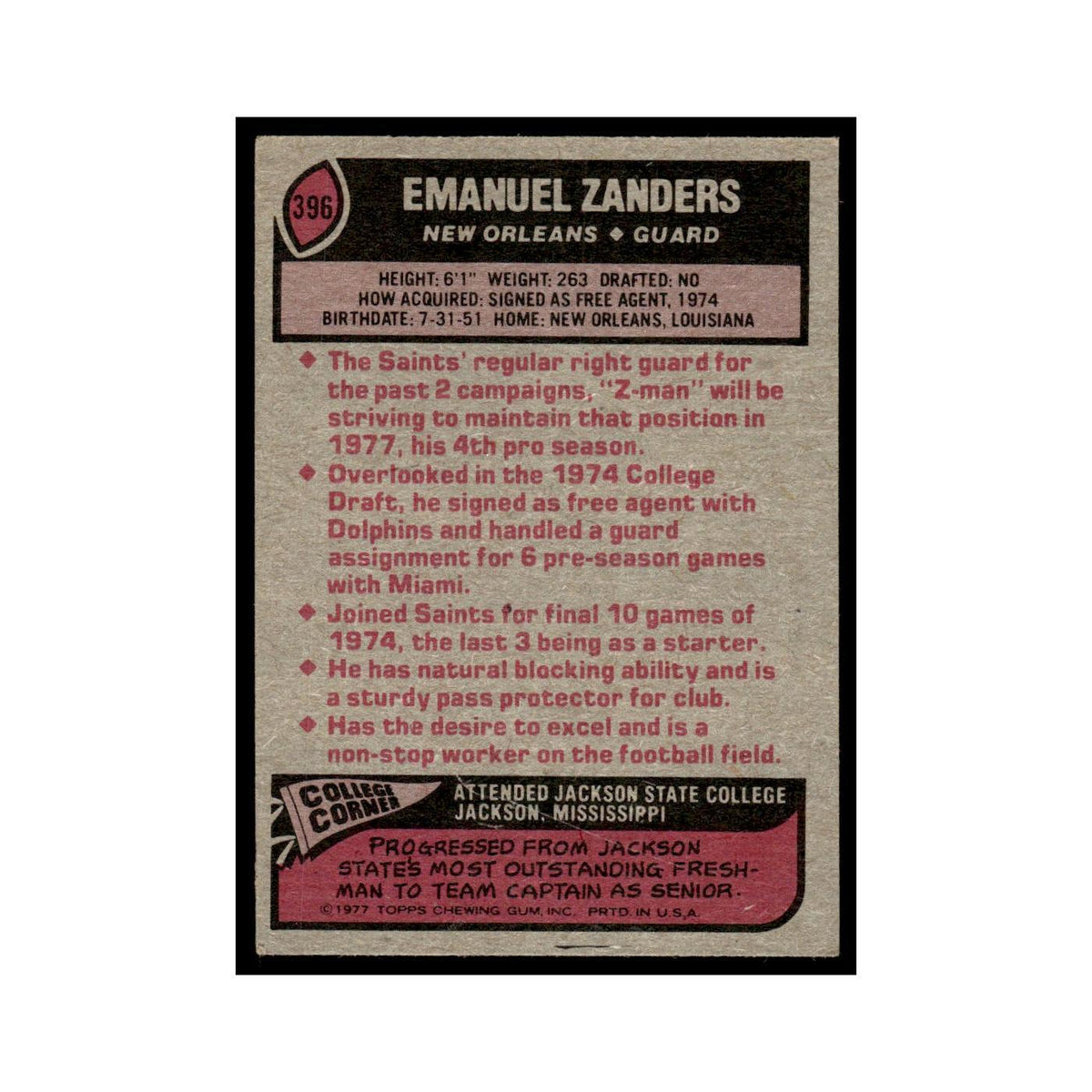 1977 Topps Football Card (Damaged) Emanuel Zanders Saints #396