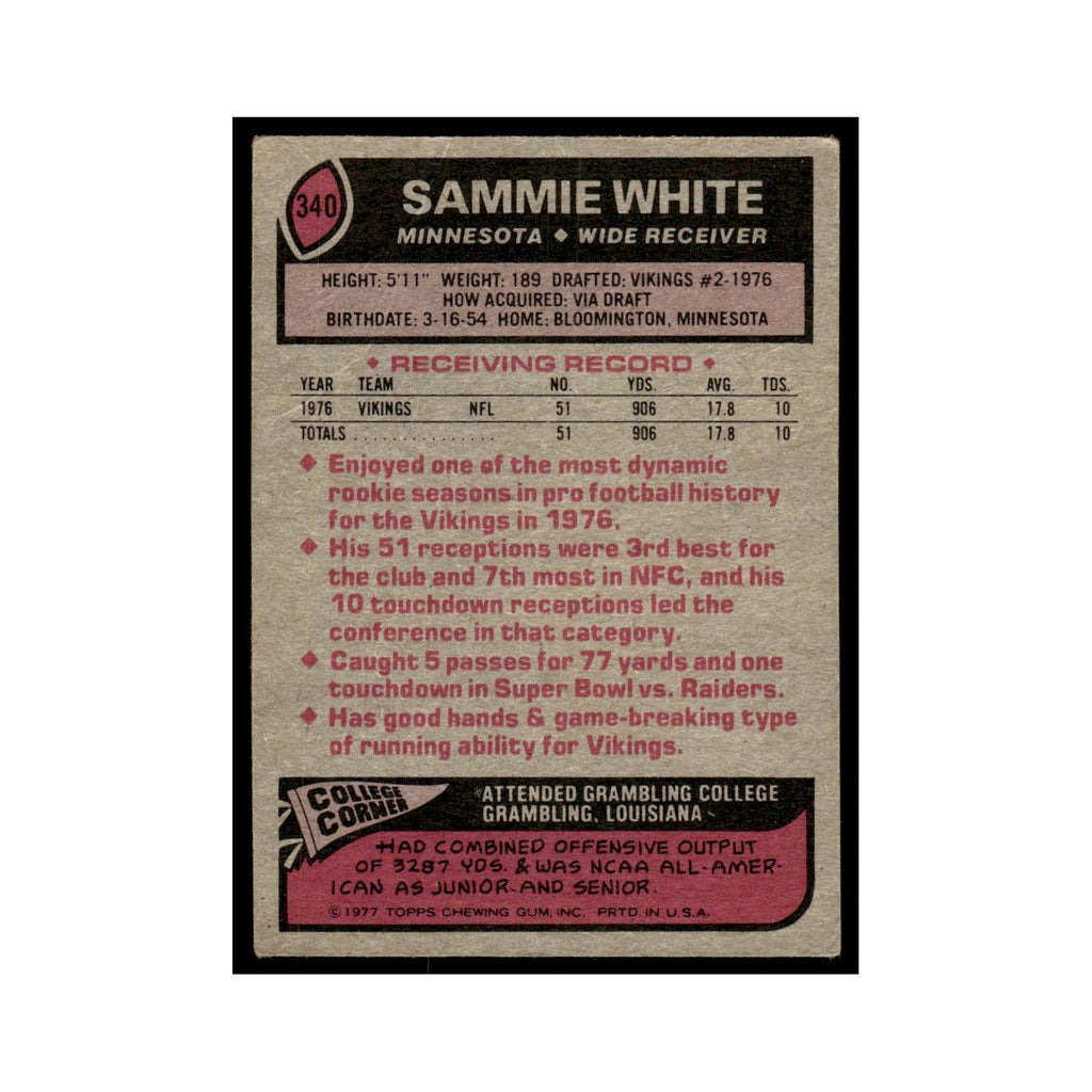 1977 Topps Football Card (Damaged) Sammie White Vikings #340