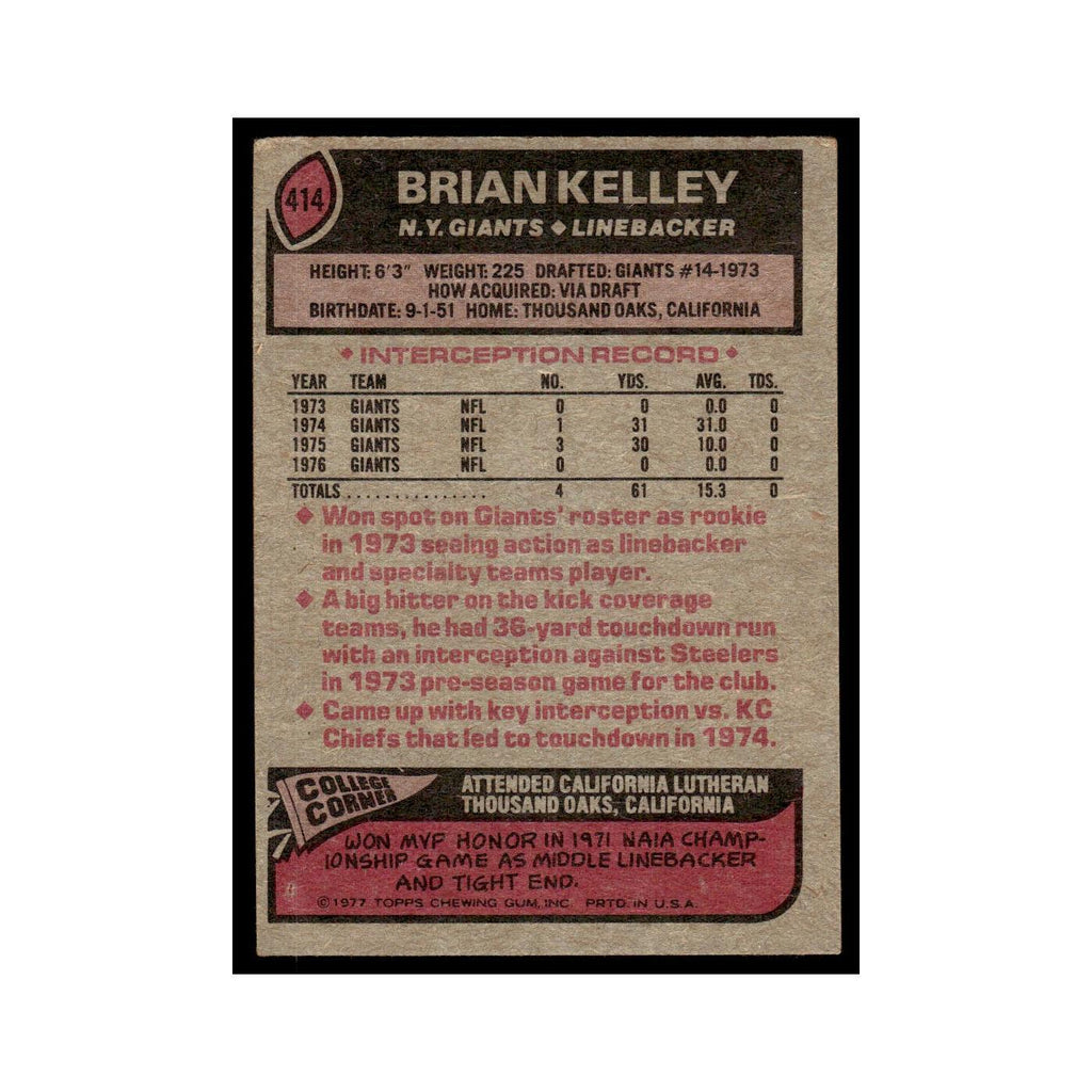 1977 Topps Football Card Brian Kelley Giants #414