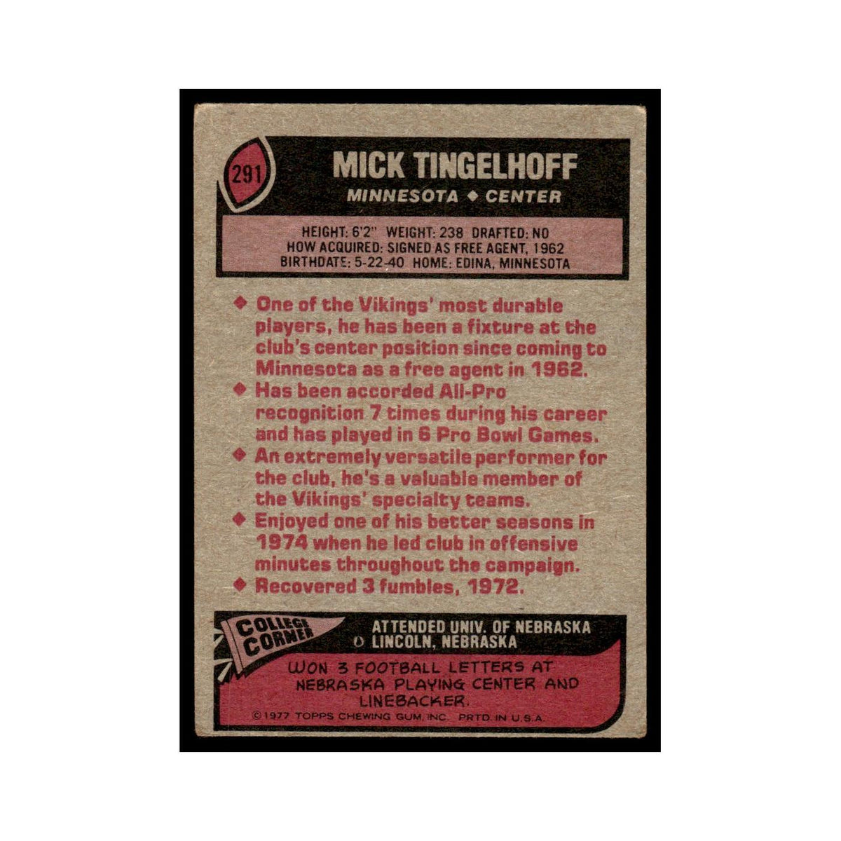 1977 Topps Football Card Mick Tingelhoff Vikings #291