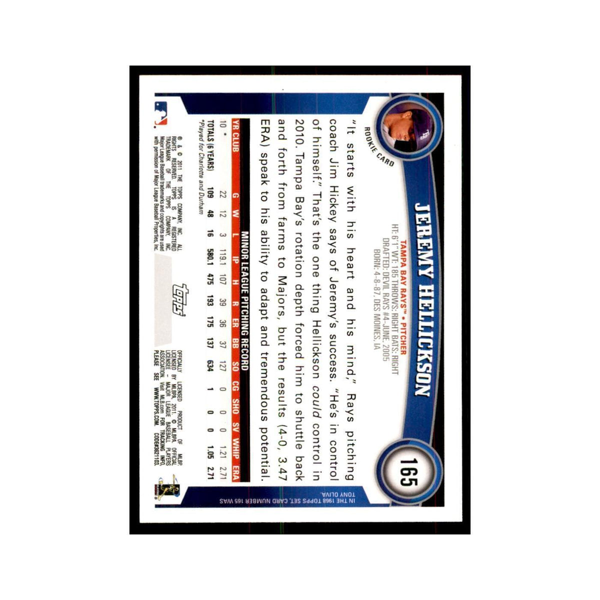 2011 Topps Jeremy Hellickson RC Baseball Cards #165