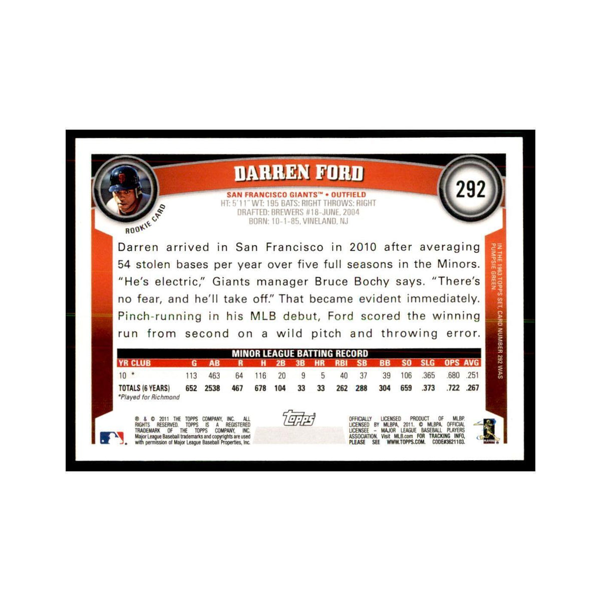 2011 Topps Darren Ford RC Baseball Cards #292