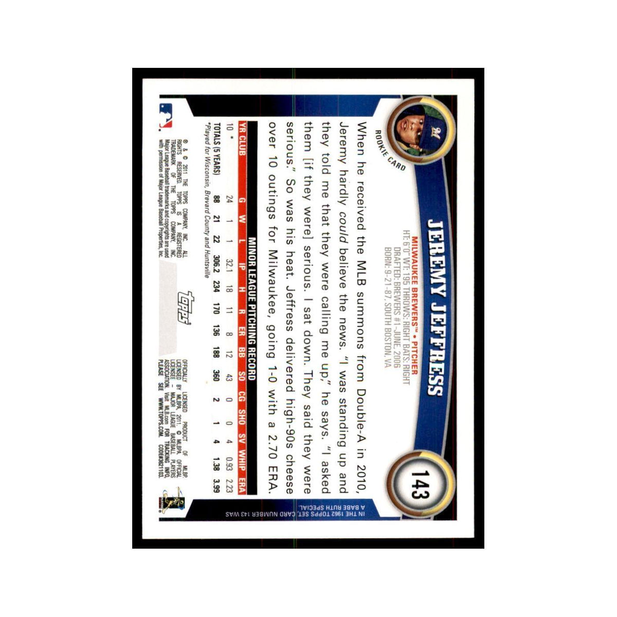 2011 Topps Jeremy Jeffress RC Baseball Cards #143