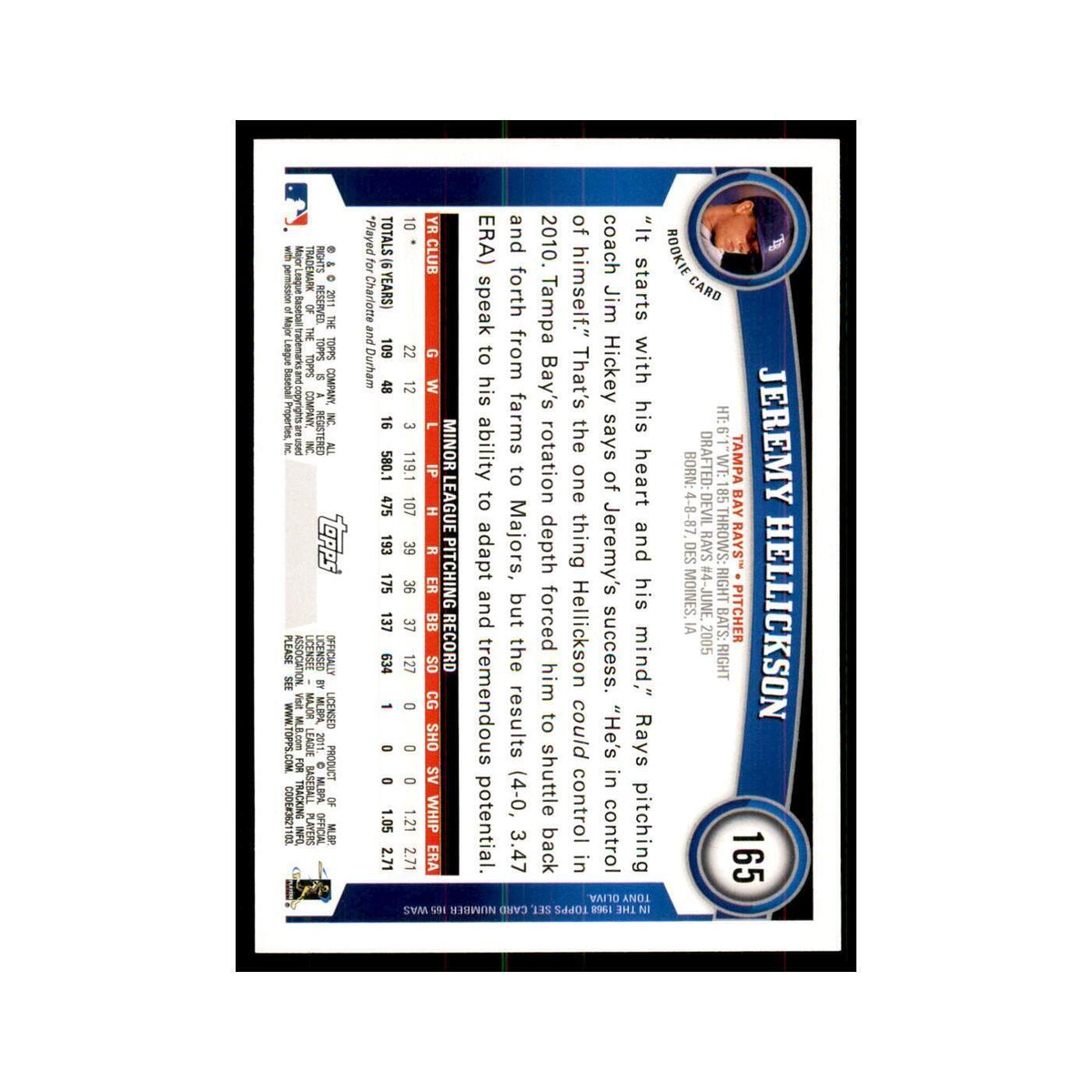 2011 Topps Jeremy Hellickson RC Baseball Cards #165