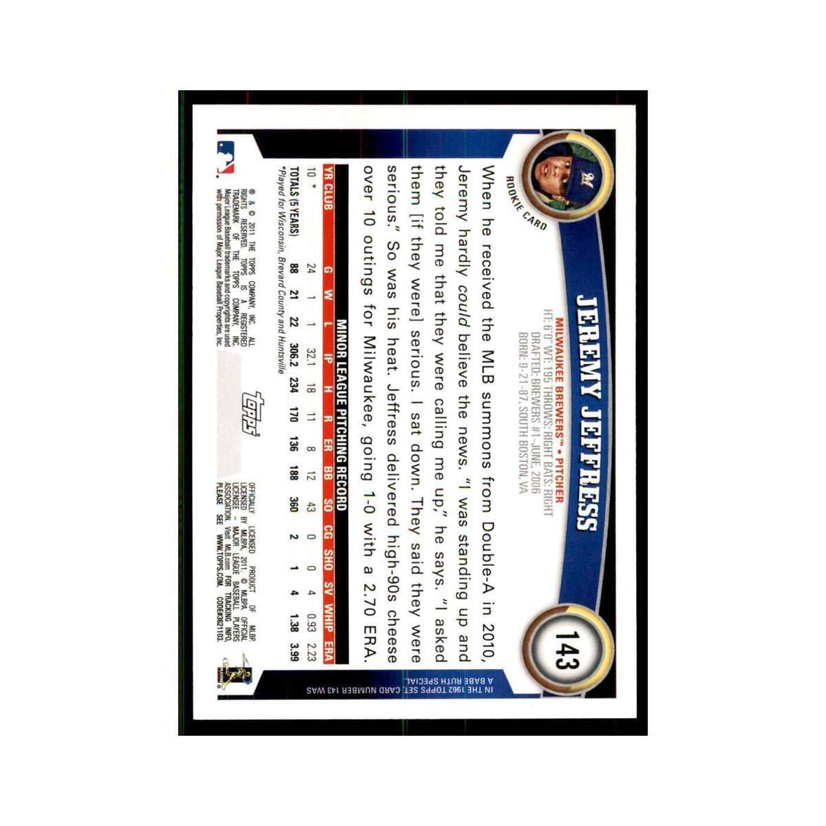 2011 Topps Jeremy Jeffress RC Baseball Cards #143