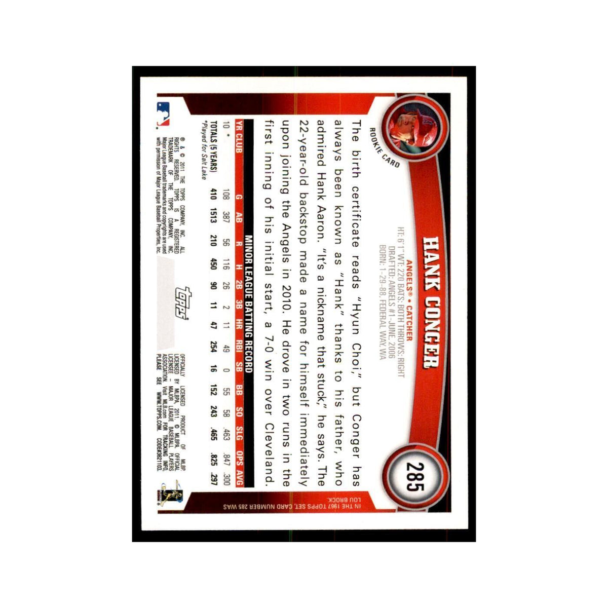 2011 Topps Hank Conger RC Baseball Cards #285