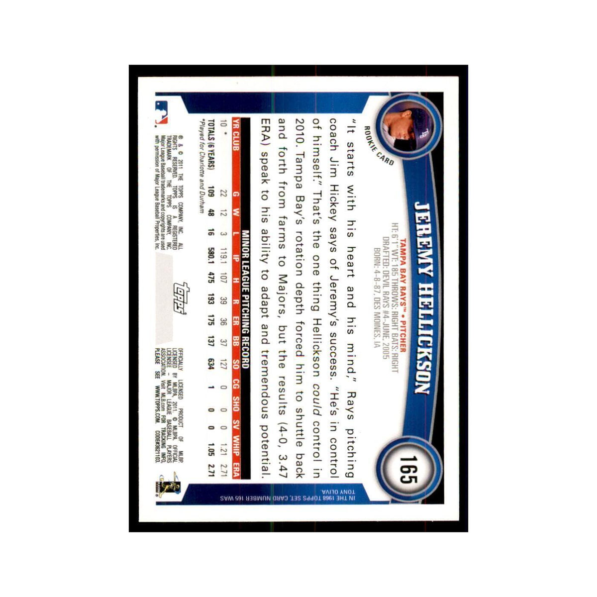 2011 Topps Jeremy Hellickson RC Baseball Cards #165