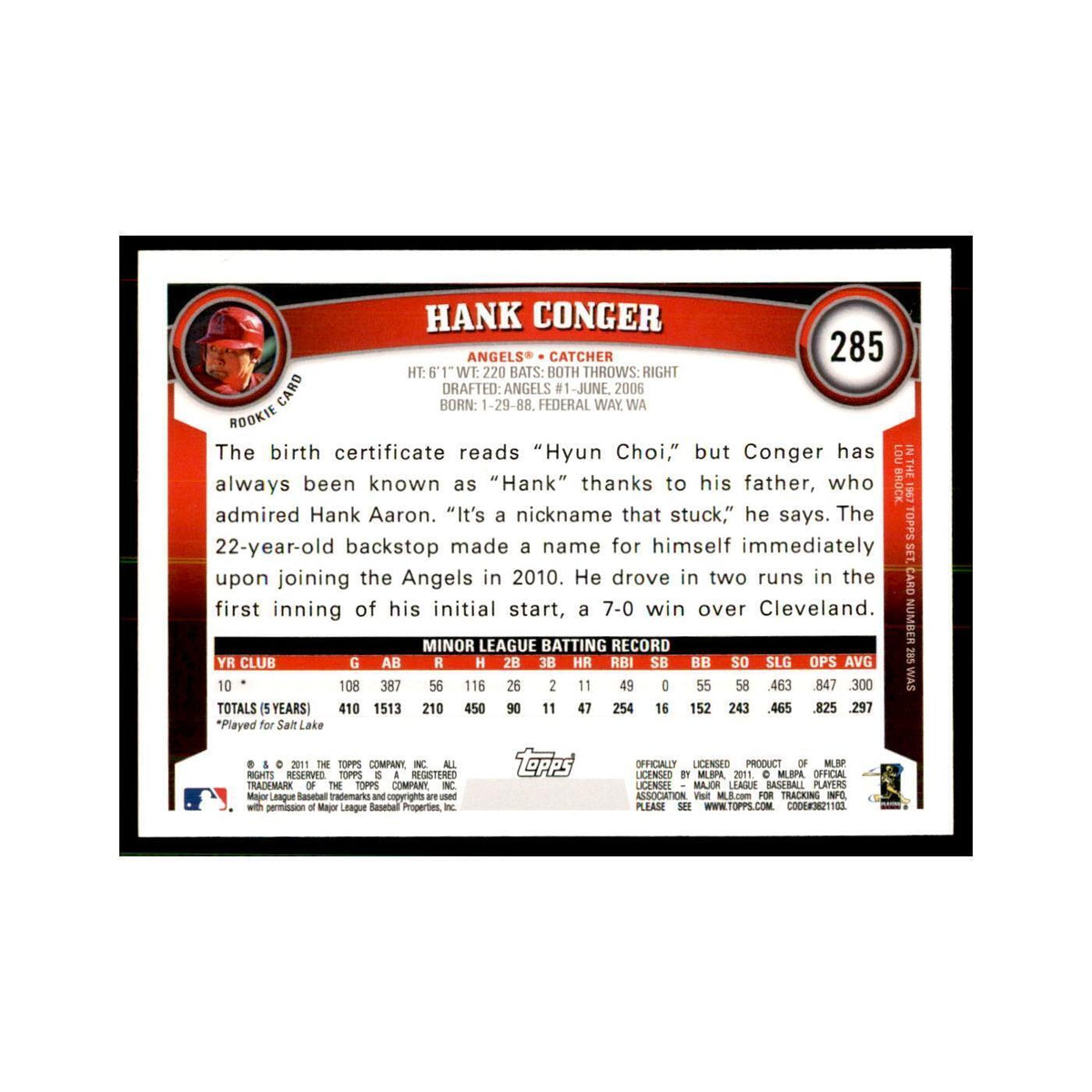 2011 Topps Hank Conger RC Baseball Cards #285