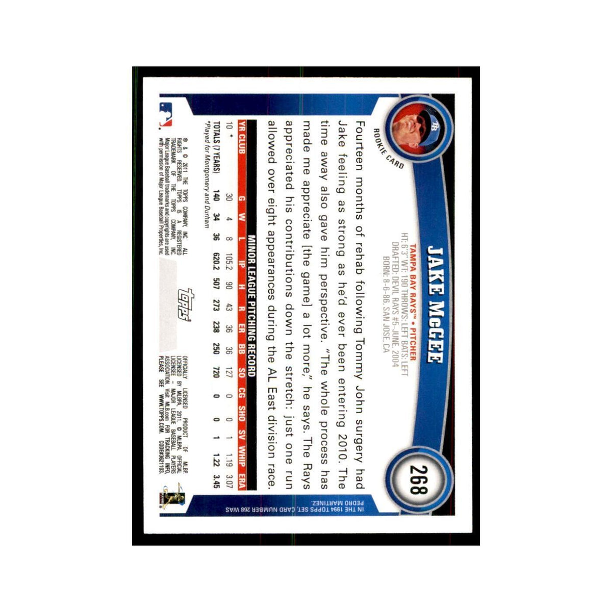 2011 Topps Jake McGee RC Baseball Cards #268