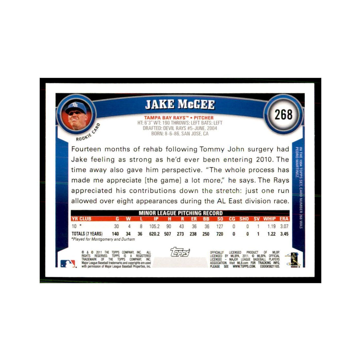 2011 Topps Jake McGee RC Baseball Cards #268