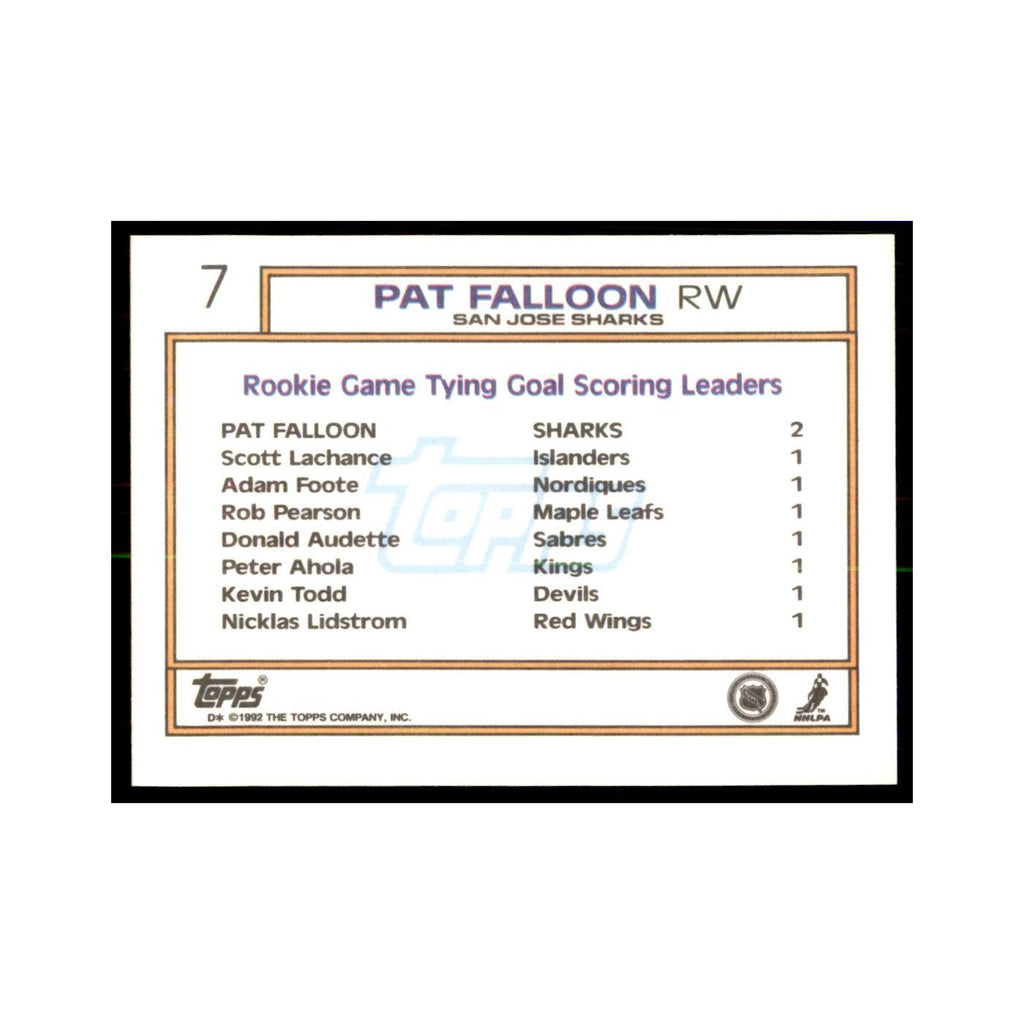 Pat Falloon Rookie 1992 Topps #7 Hockey Cards Hockey Card NM