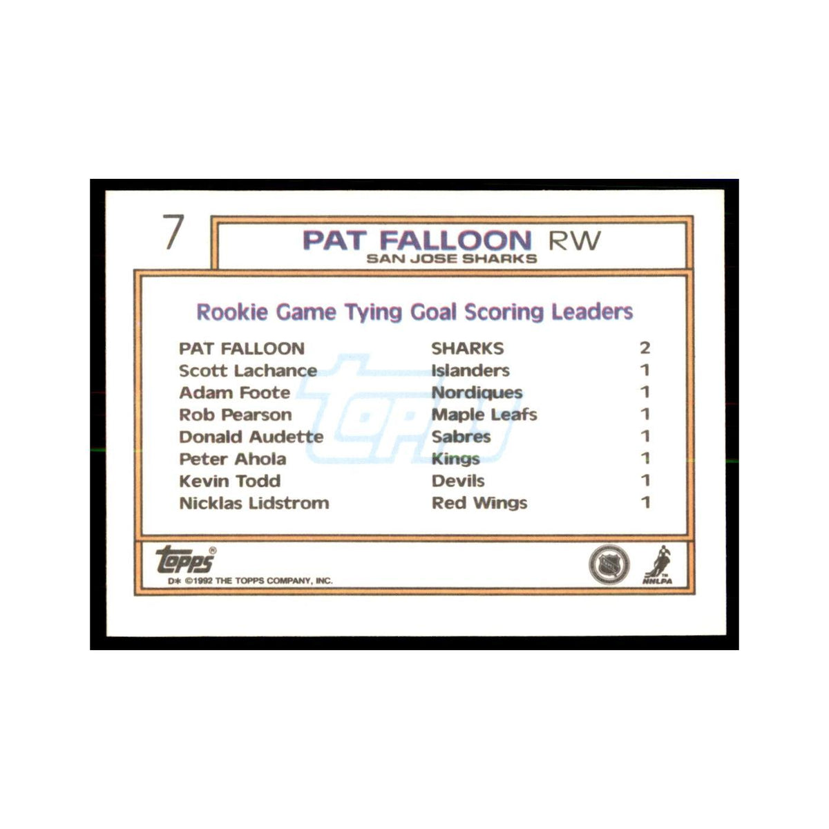 Pat Falloon Rookie 1992 Topps #7 Hockey Cards Hockey Card NM