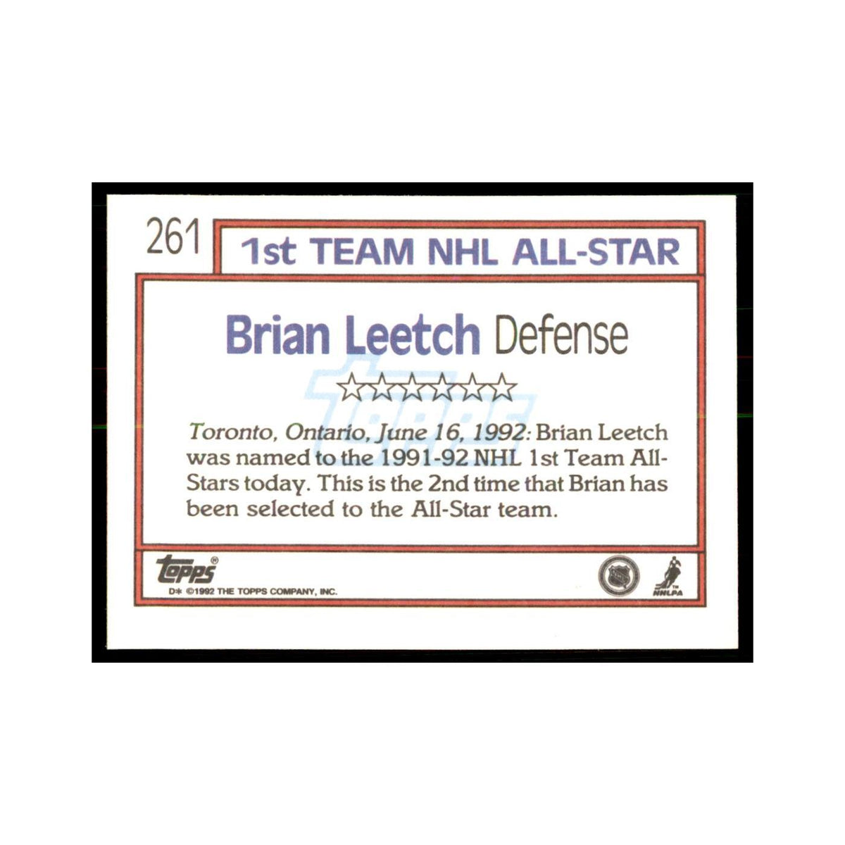 Brian Leetch 1992 Topps #261 Hockey Cards Hockey Card NM