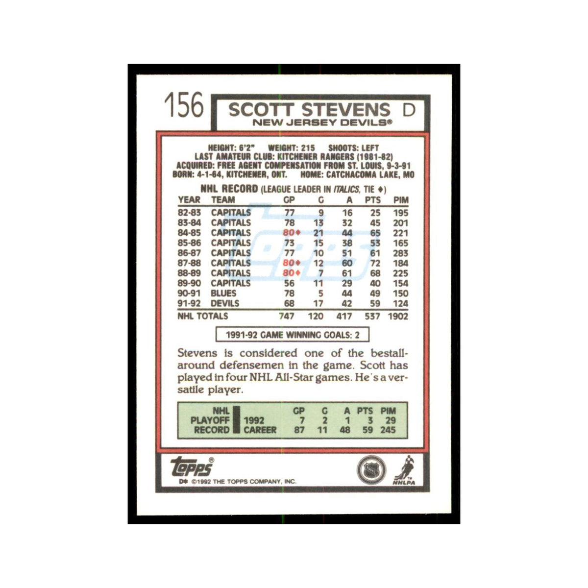 Scott Stevens 1992 Topps #156 Hockey Cards Hockey Card NM