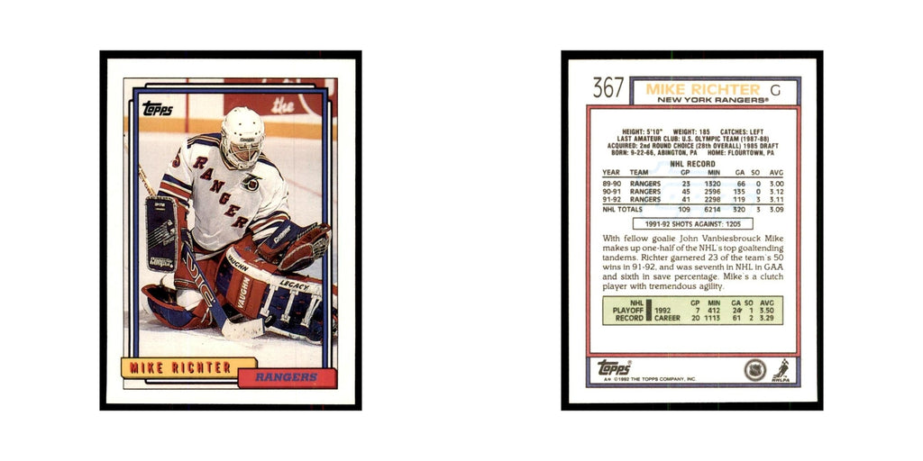 Mike Richter 1992 Topps #367 Hockey Cards Hockey Card NM