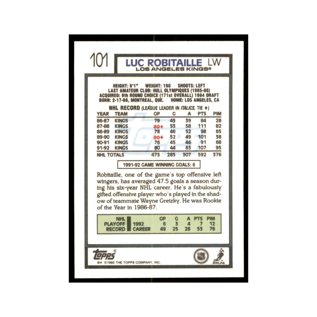 Luc Robitaille 1992 Topps #101 Hockey Cards Hockey Card NM