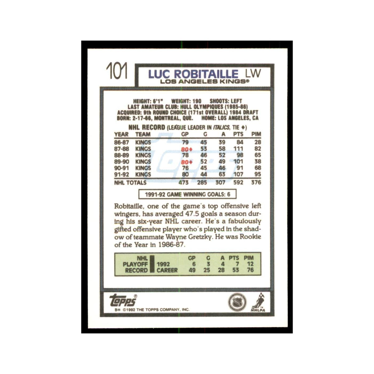 Luc Robitaille 1992 Topps #101 Hockey Cards Hockey Card NM
