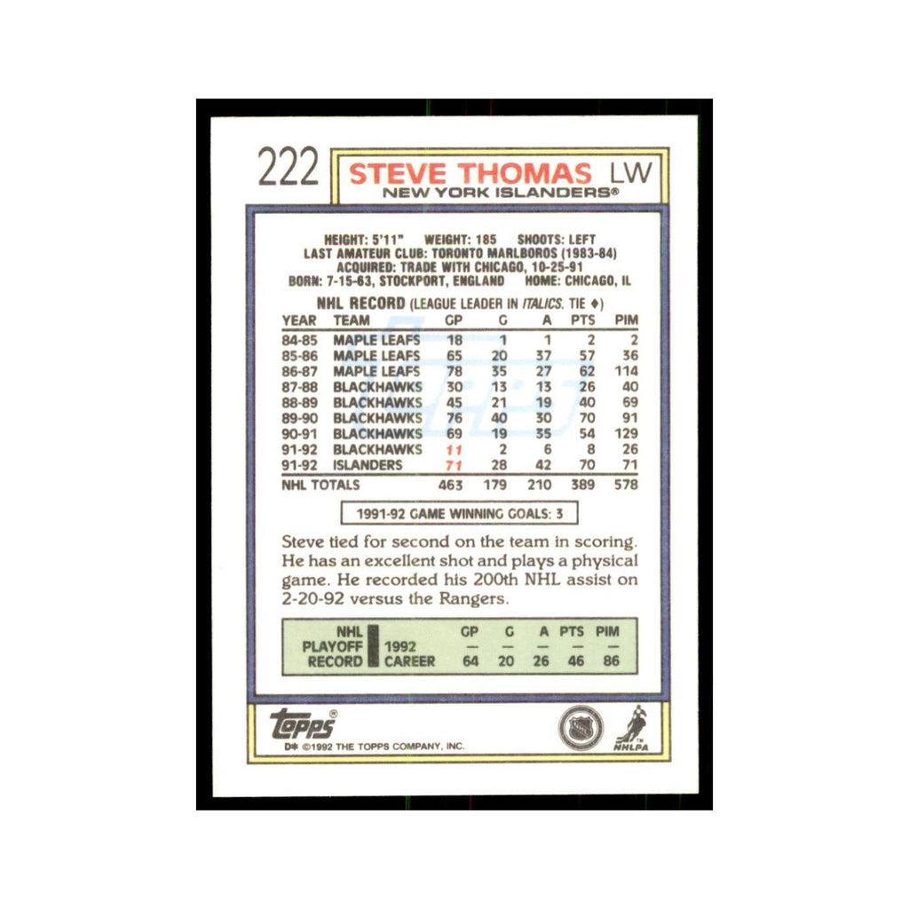Steve Thomas 1992 Topps #222 Hockey Cards Hockey Card NM