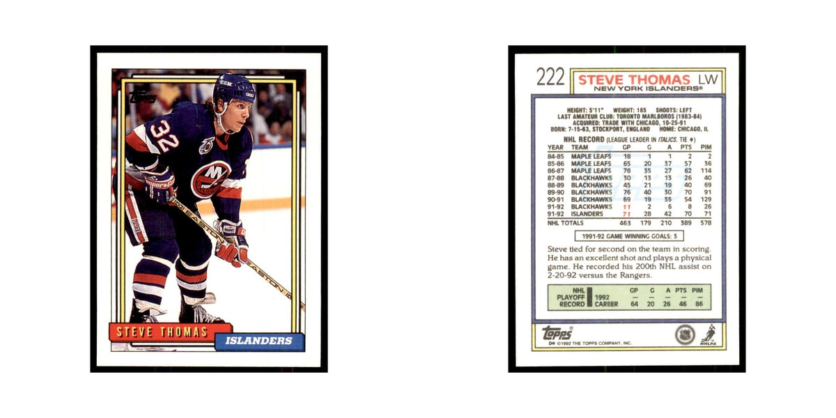 Steve Thomas 1992 Topps #222 Hockey Cards Hockey Card NM