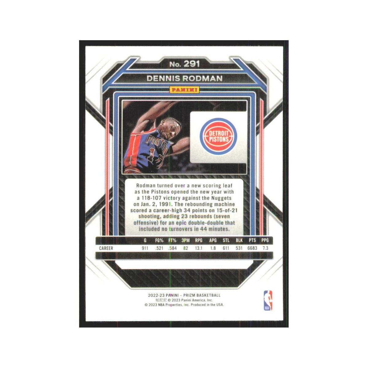 Dennis Rodman 2022 Panini Prizm #291 Detroit Pistons Basketball Card NM